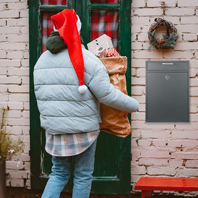 Locking Mailbox with Key for Outdoor 16.2 x 11.2 x 4.7 Inches Large Wall Mount Mail Box with Lock Security Mail Drop Metal Collection Boxes Hanging Secure Postbox(Dark Gray)