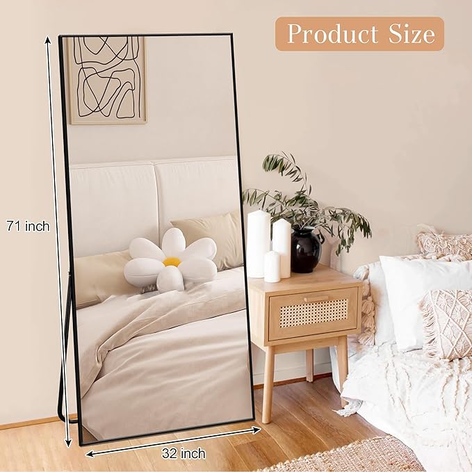Large Size Full Length Mirror with Stand, 71"x32" Free-Standing Leaning Wall-Mounted Mirrors, Elegant Body Mirror for Living Room, Bedroom & Cloakroom, Black