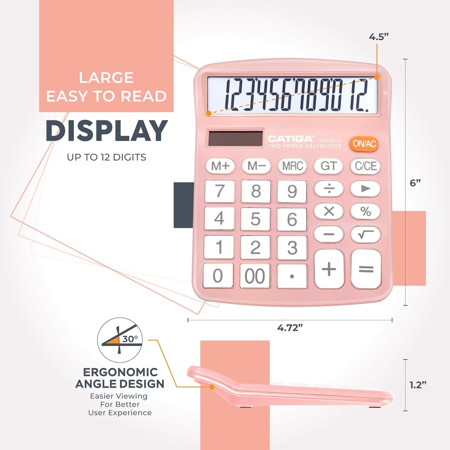 CATIGA 12 Digits Desktop Calculator with Large LCD Display and Sensitive Button, Dual Solar Power and Battery, Standard Function for Office, Home, School, CD-2786(Light Pink)