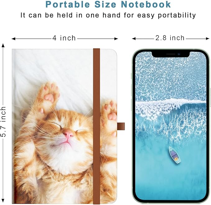 Small Notebook, Mini Pocket Journal A6 5.7" x 3.9", Leather Hardcover Journal with Pen Holder, 160 Thick Papers, Cute Lined Notebook Small Notepad for Women Writing Work Travel, Cute Kitten