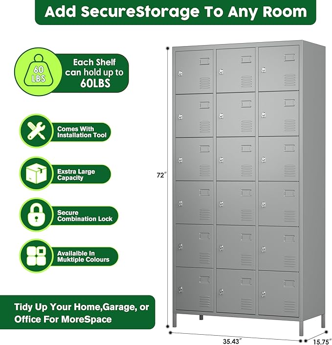 Metal Lockers for Employees with Lock,Metal Storage Locker with 18 Doors for School Garage Office Gym Bedroom,Assembly Required,18 Door Light Grey