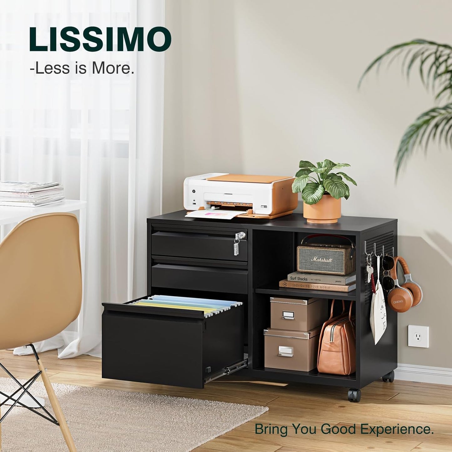 3 Drawer Metal File Cabinet with Lock,Mobile Lateral Filing Cabinet,Printer Stand Storage Cabinets with Shelves for Home Office(Black)