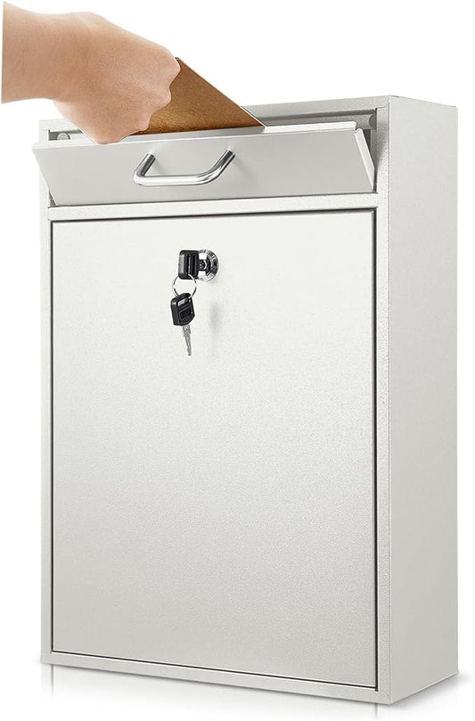 Locking Mailbox with Key for Outdoor 16.2 x 11.2 x 4.7 Inches Large Wall Mount Mail Box with Lock Security Mail Drop Metal Collection Boxes Hanging Secure Postbox(Creamy White)
