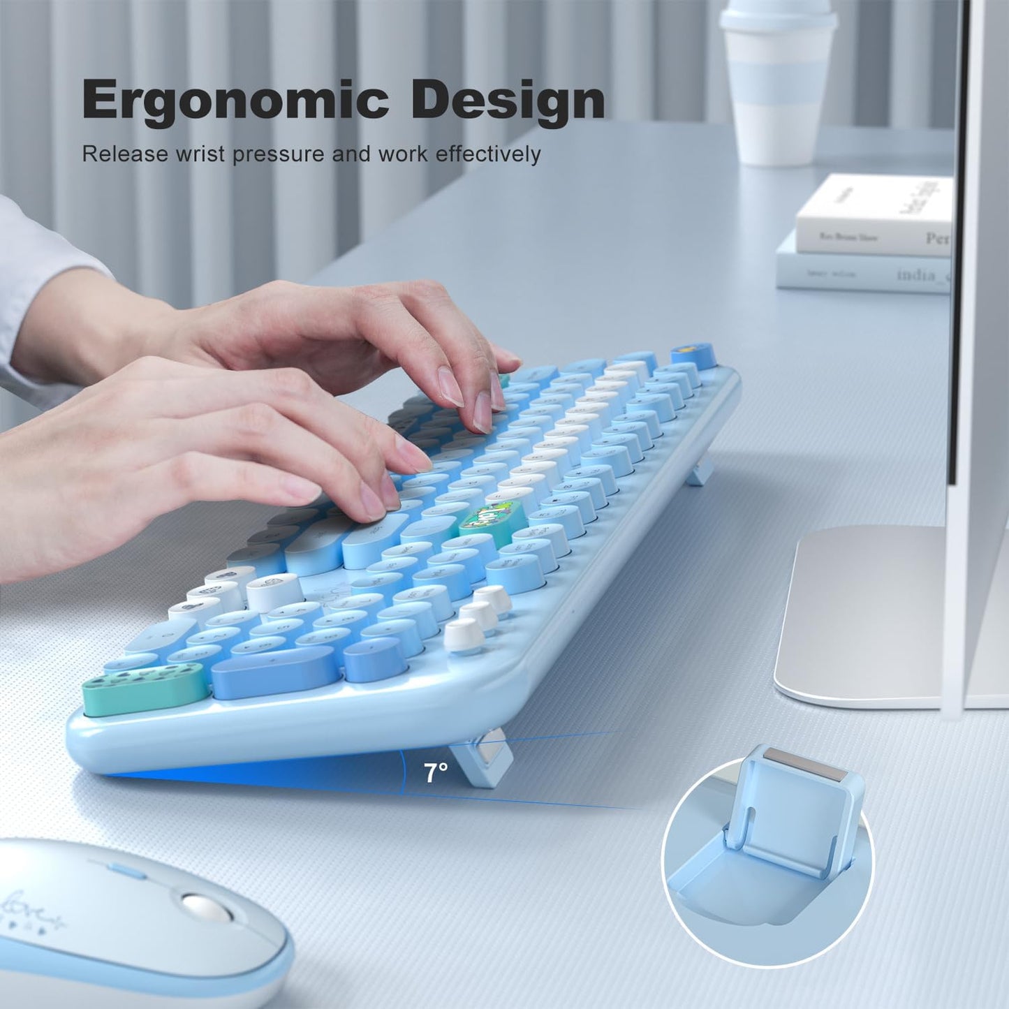 MOFII Wireless Keyboard and Mouse Combo, Full Size 2.4G Plug and Play Typewriter Retro Round Computer Keyboard and Mouse Set for Windows, Computer, Desktop, PC, Notebook - (Blue Colorful)