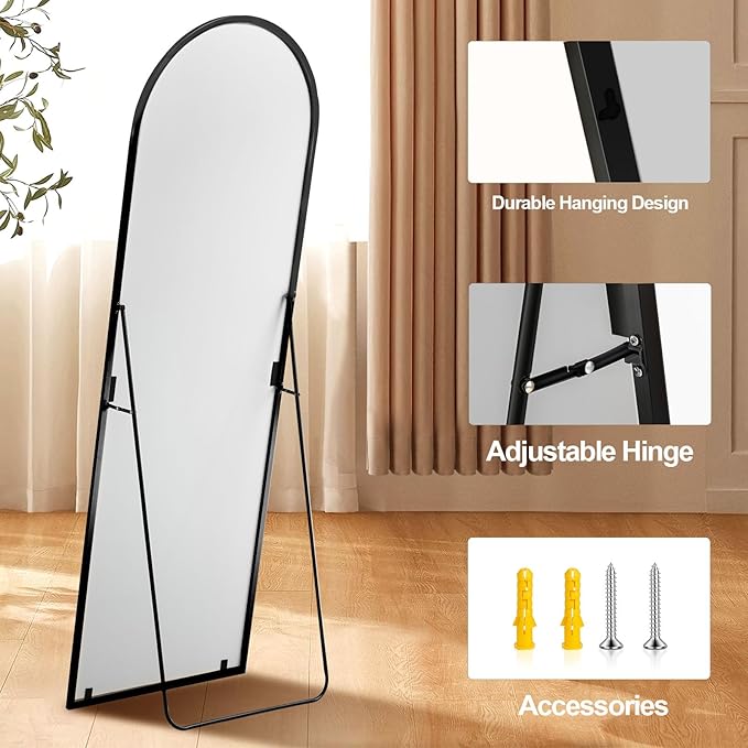 64"x21" Arched Full Length Mirror, Elegant Full Body Mirror with Stand for Bedroom & Cloakroom, Black