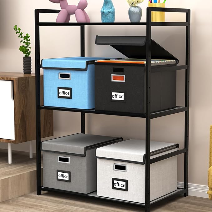 Huolewa Upgraded Portable Leather File Organizer Boxes with Lids, Office Document Boxes Organizer, Filing Boxes, Decorative Small File Boxes for Hanging Files with Plastic Slide for Office/Decor/Home