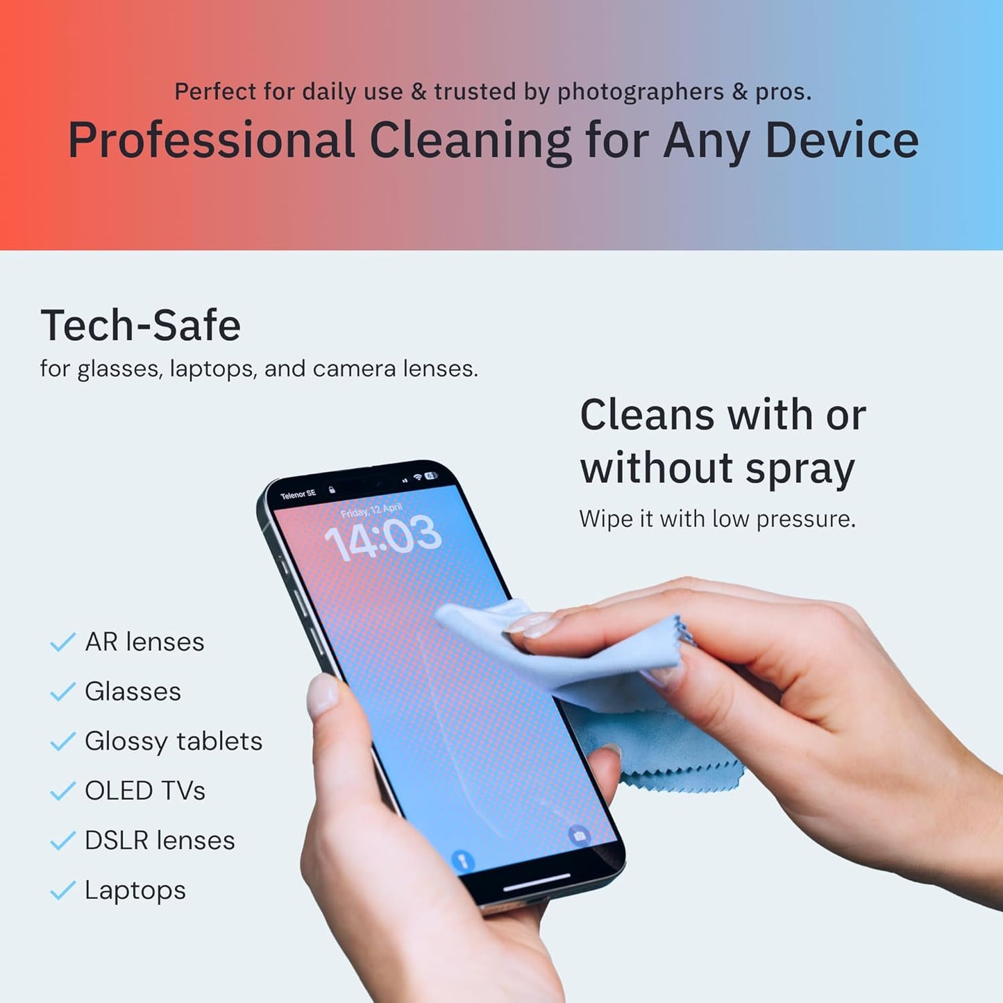 Elite Tech Gear Microfiber Cleaning Cloth 12-Pack - 12"x12" Oversized, Washable & Durable for Glasses, Lenses, Electronics & Screens - High Tech Quality Material