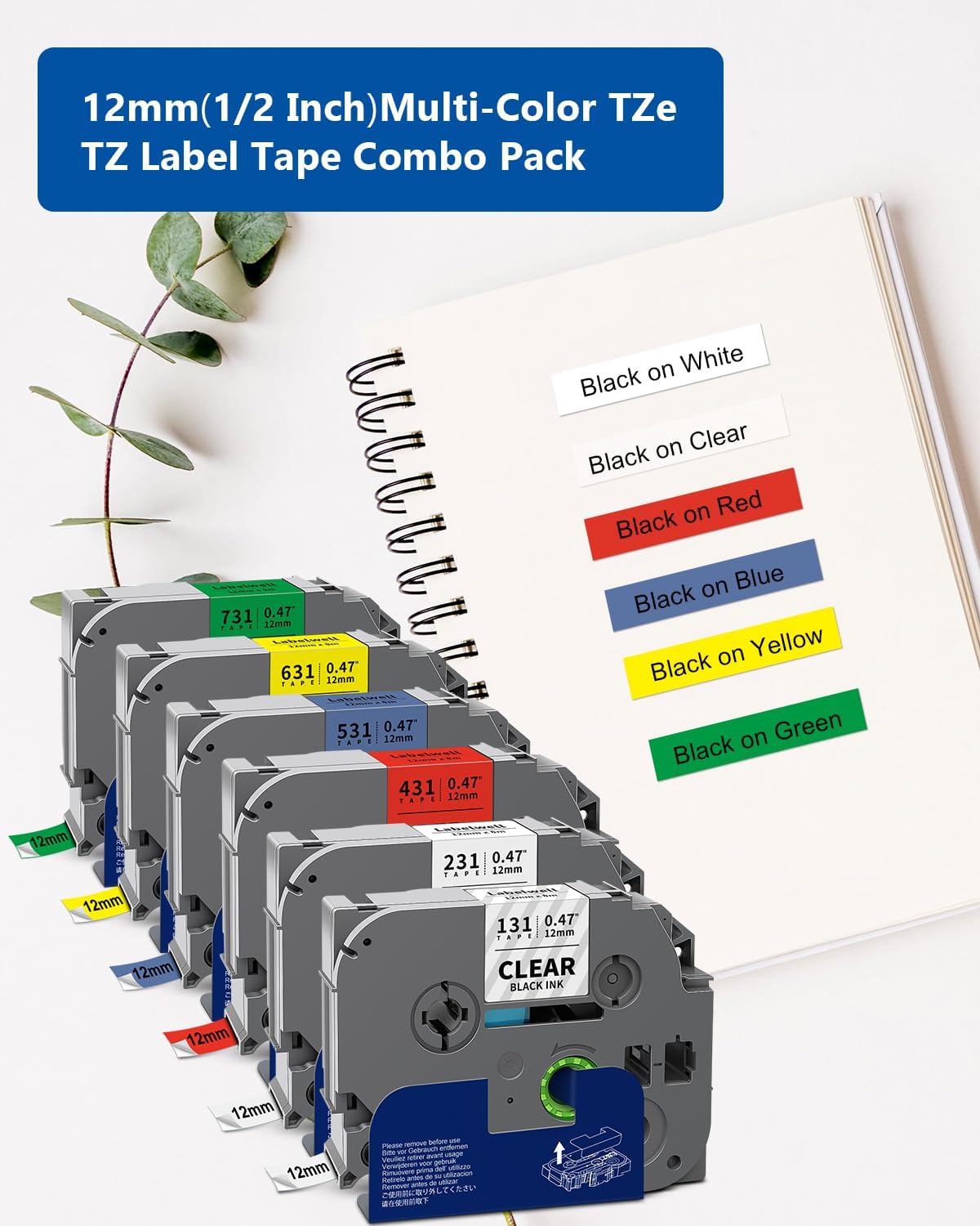 6-Pack TZe 12mm 0.47 Laminated Multi Color Compatible for P Touch Label Tape TZ TZe-231 131 431 531 631 for PTouch PT-H110 D210 D220 PT-H103W, Clear/White/Red/Blue/Yellow/Green