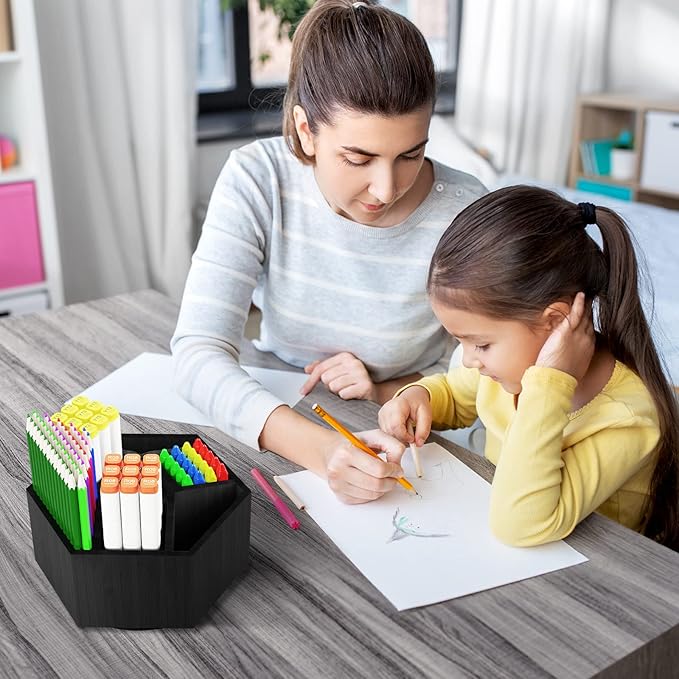 Art Caddy Organizer for Kids, Bamboo Pencil Organizer with 7 Large Compartment, Pen Storage Organizer, Marker Holder, Desk Caddy holds 325+ pencils, Education Supplies & Craft Supplies, Black