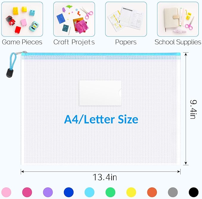 Sooez 32 Pack Mesh Zipper Pouch Bags, A4 Letter Size, Zipper Bags with Label Pocket, Waterproof Pouches for Classroom Organization, Board Game Storage, Document Bag for Teacher School Office Supplies
