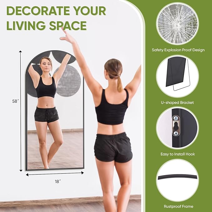 Full-Length Floor Mirror with Stand, 58"x18" Arched Style Full Body Standing Mirror for Bedroom, Living Room, Gym, Dorm - Shatter-Resistant & Easy Assembly, Black