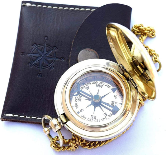 VERTERIS Nautical Vintage Compass Solid Brass Compass in a Black Leather Case
