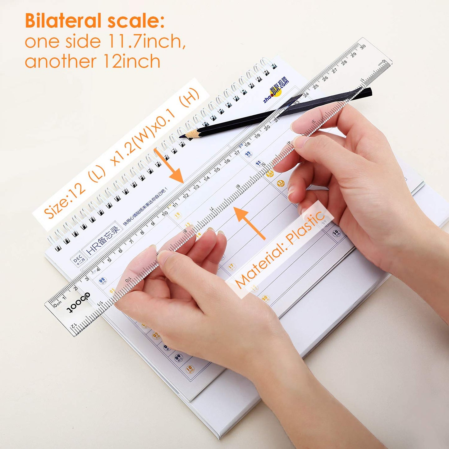 EBOOT 2 Pack Plastic Ruler Straight Ruler Plastic Measuring Tool for Student School Office (Clear, 12 Inch)