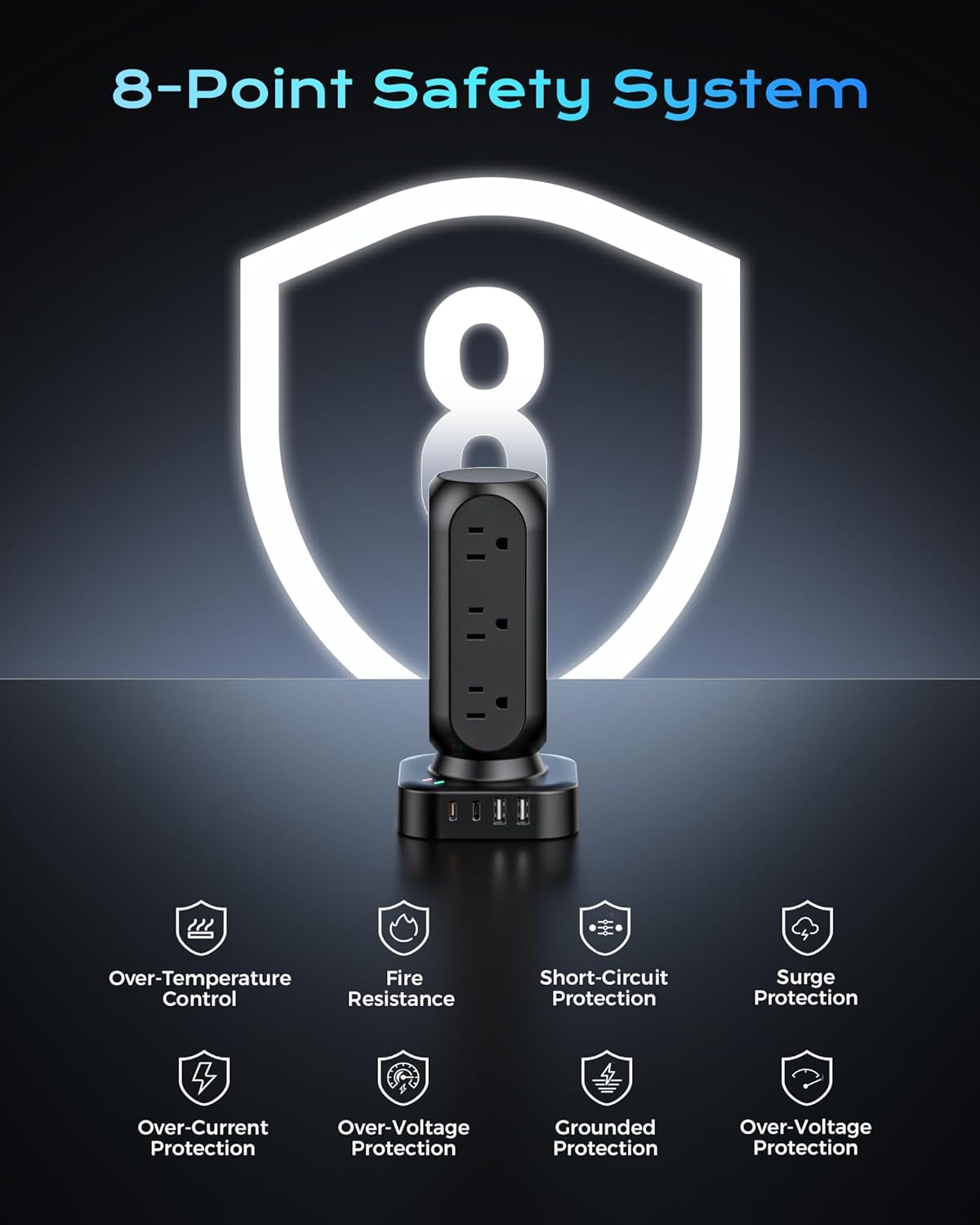 Dual PD 20W Power Strip Tower, TenTrend Surge Protector Power Strip with 12 AC Outlets & 8 USB Ports (4 USB C), 40W Desk Fast Charging Station, 10FT Flat Plug Extension Cord for Desk Office Dorm Room