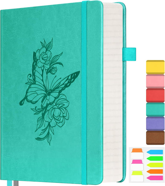 Lined Notebook Journal for Women Men, 312 Numbered Pages A5 Thick Leather Journal for Writing, Daily Journal for Work School, Hardcover College Ruled Notebook, Butterfly Floral Notebook, Peacock Blue
