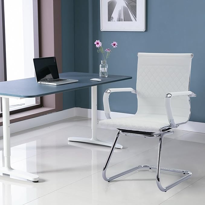 Office Guest Chairs - Set of 6 Modern PU Leather Desk Chairs for Reception, Waiting, and Conference Rooms - Mid Back, White