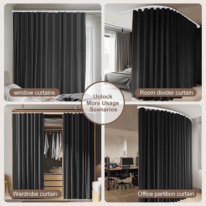 Room Divider Curtains & Flexible Bendable Tracks Set,Privacy Dividers Ceiling Track Curtain Window Blackout Curtains for Living Room Bedroom (W150 × H84 in 1 Panel Black Drape & White Rail)