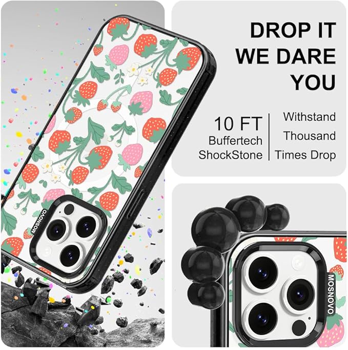 MOSNOVO Magnetic Case for iPhone 14 Pro Max, 10ft Military-Grade Protection, Compatible with Magsafe, Shockproof Phone Case for iPhone 14 Pro Max - Strawberry Garden - Clear Black
