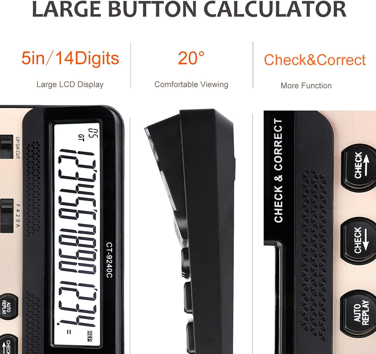 Large Button Calculator,Philley Large LCD Display 14 Digits Desktop Check&Correct Electronic Calculator(CT-9240C)