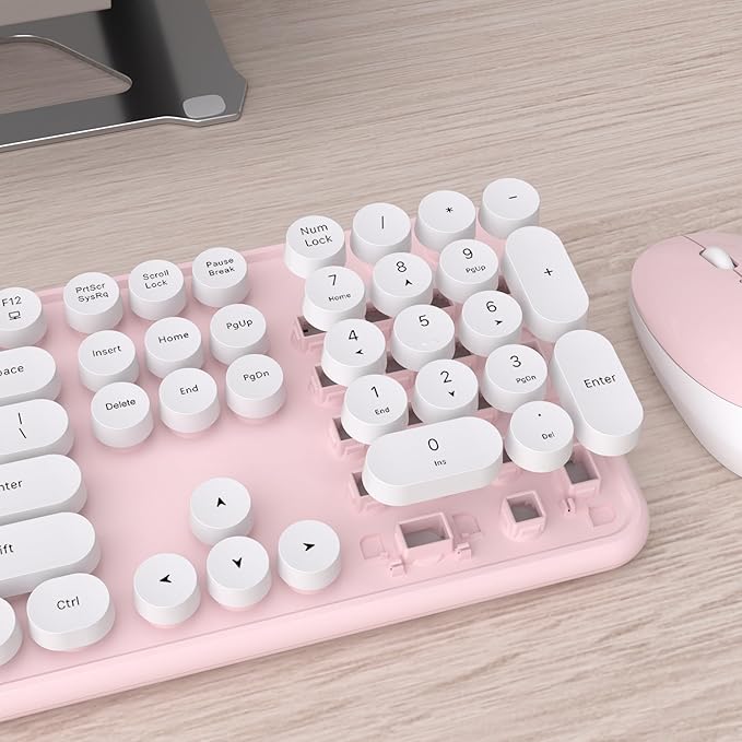 UBOTIE Colorful Computer Wireless Keyboard Mouse Combos, Typewriter Flexible Keys Office Full-Sized Keyboard, 2.4GHz Dropout-Free Connection and Optical Mouse (Pink-White)