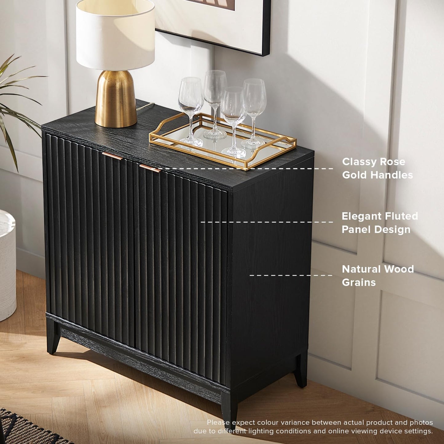 mopio Brooklyn Storage Cabinet, Modern Farmhouse Entryway Accent Case, Buffet Sideboard, Console Table, Credenza, Wood Modular Organizer with Doors & Shelf, Fluted Panel Cupboard (Black, Set of 2)