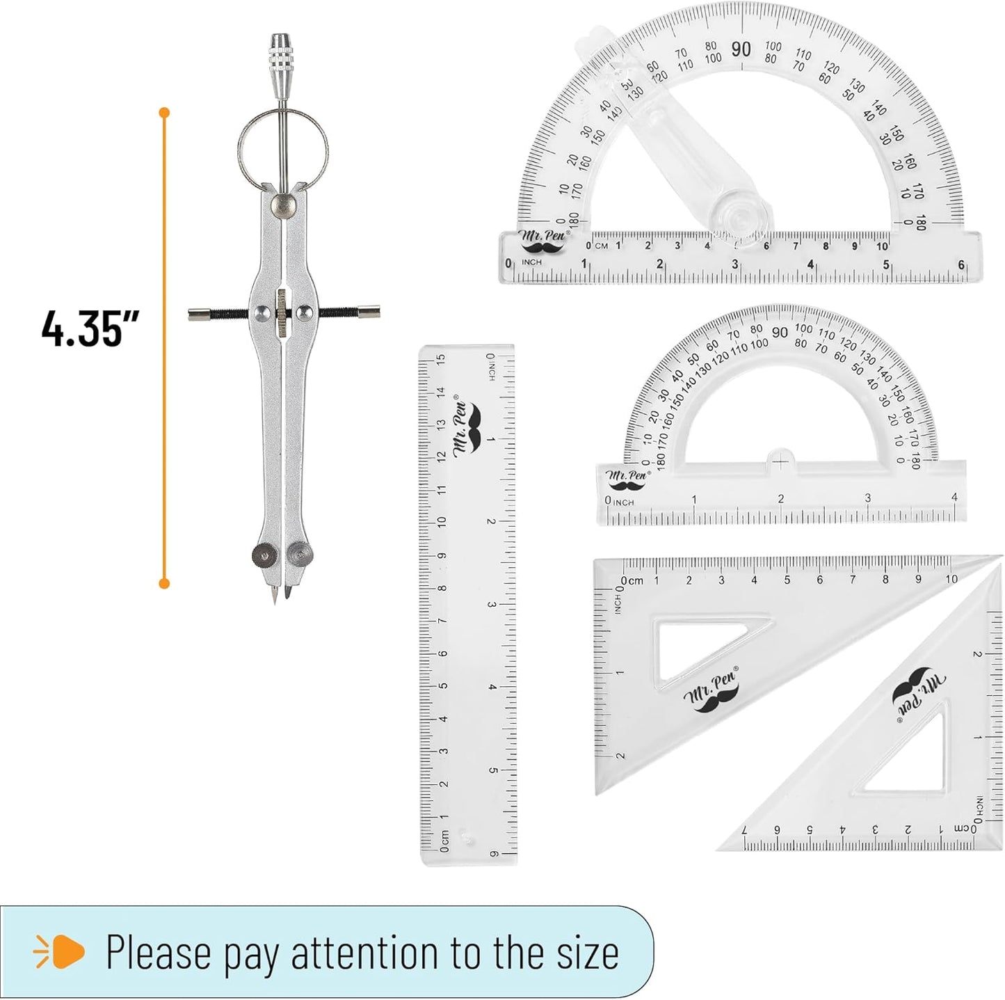 Mr. Pen Geometry Set with 6 Inch Swing Arm Protractor, Divider, Set Squares, Ruler, Compasses and Protractor, 15 Piece Set, Back to School Supplies