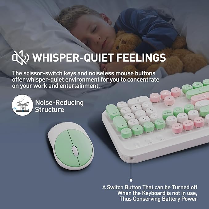 Keyboard and Mouse Wireless,2.4Ghz Retro Typewriter Style Round Keycap,Full Size Wireless Keyboard Mouse Combo,Cute Cordless Keyboard Mouse Set for PC Laptop Desktop Computer-Milk White Green Colorful