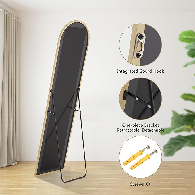 Simple Deluxe Arched Mirror Full Length, 59"x16", Body Wall Mirror with Shatter-Proof Glass, Gold Aluminum Frame, Floor-Standing, Wall-Mounted, Leaning