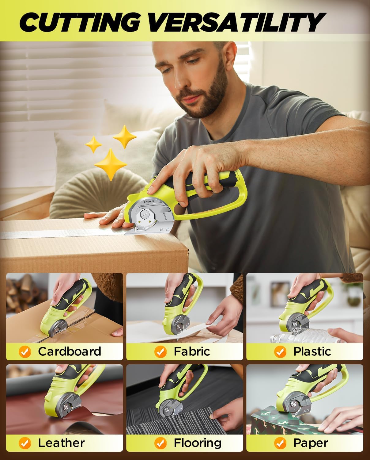 Saker Electric Box Cardboard Cutter,Cordless Elwetric Scissors for Fabric Leather Paper Plastic - Card Board Cutter Tool with 4V Recharged Battery - Safety Lock and LED Light for Cutting,Green