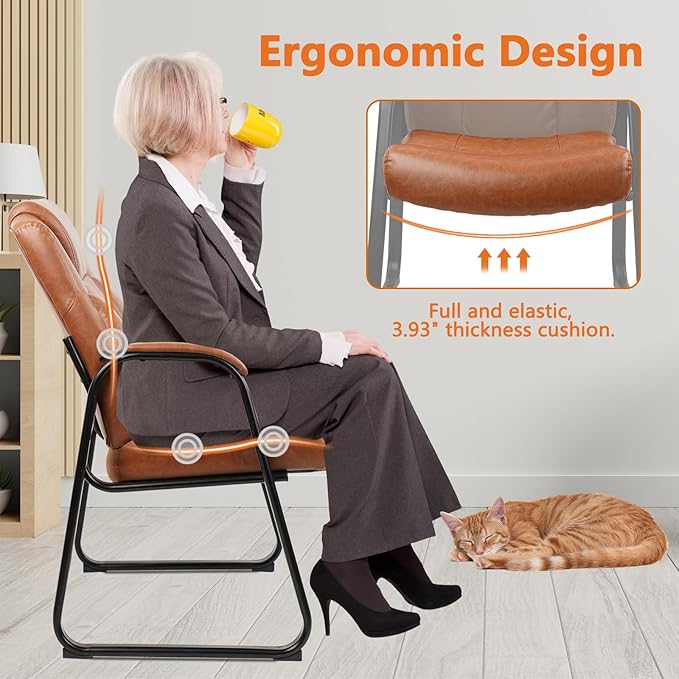 CLATINA Big & Tall 500 lb. Guest Chair, PU Leather Office Reception Chairs with Sled Base, Desk Chair No Wheels for Waiting Room Conference Lobby Computer Living Room, Brown, 8 Pack