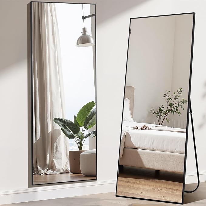 Simple Deluxe 64"×21" Hanging Mirror, Full Length Mirror for Bedroom, Body Floor Mirror with Stand, Aluminum Frame Large Mirror for Cloakroom, Black