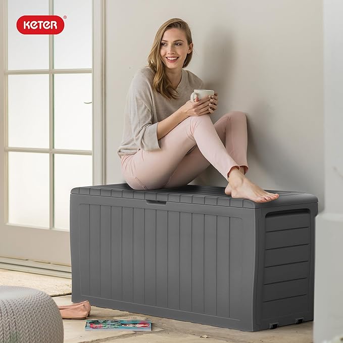 Keter Marvel Plus 71 Gallon Resin Deck Box-Organization and Storage for Patio Furniture Outdoor Cushions, Throw Pillows, Garden Tools and Pool Floats, Light Grey