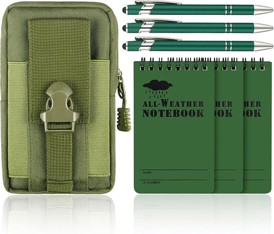 7 Piece Waterproof Notebook, 3 X 5 Inch Waterproof Notepad with Waterproof Weatherproof Pen and Waterproof Multi Functional Waist Pack for Outdoor Activities Recording (Army Green)