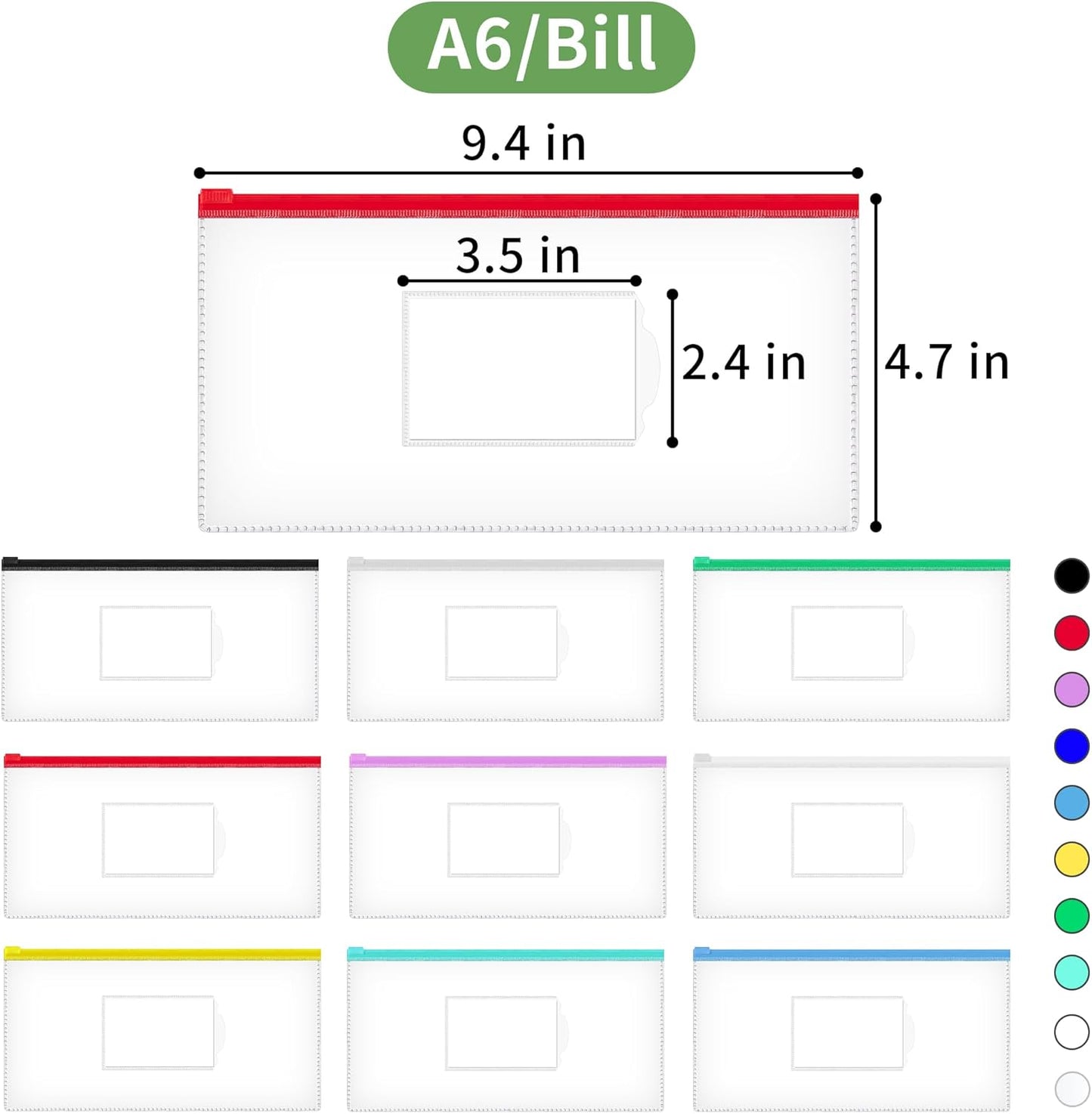 JARLINK 10 Pcs Poly Zip Envelope, A6 Size (9 x 4.7in) Plastic Zipper Pouches with Label Pocket, 10 Colors, Reusable Clear Pencil Bags for School and Office Supplies