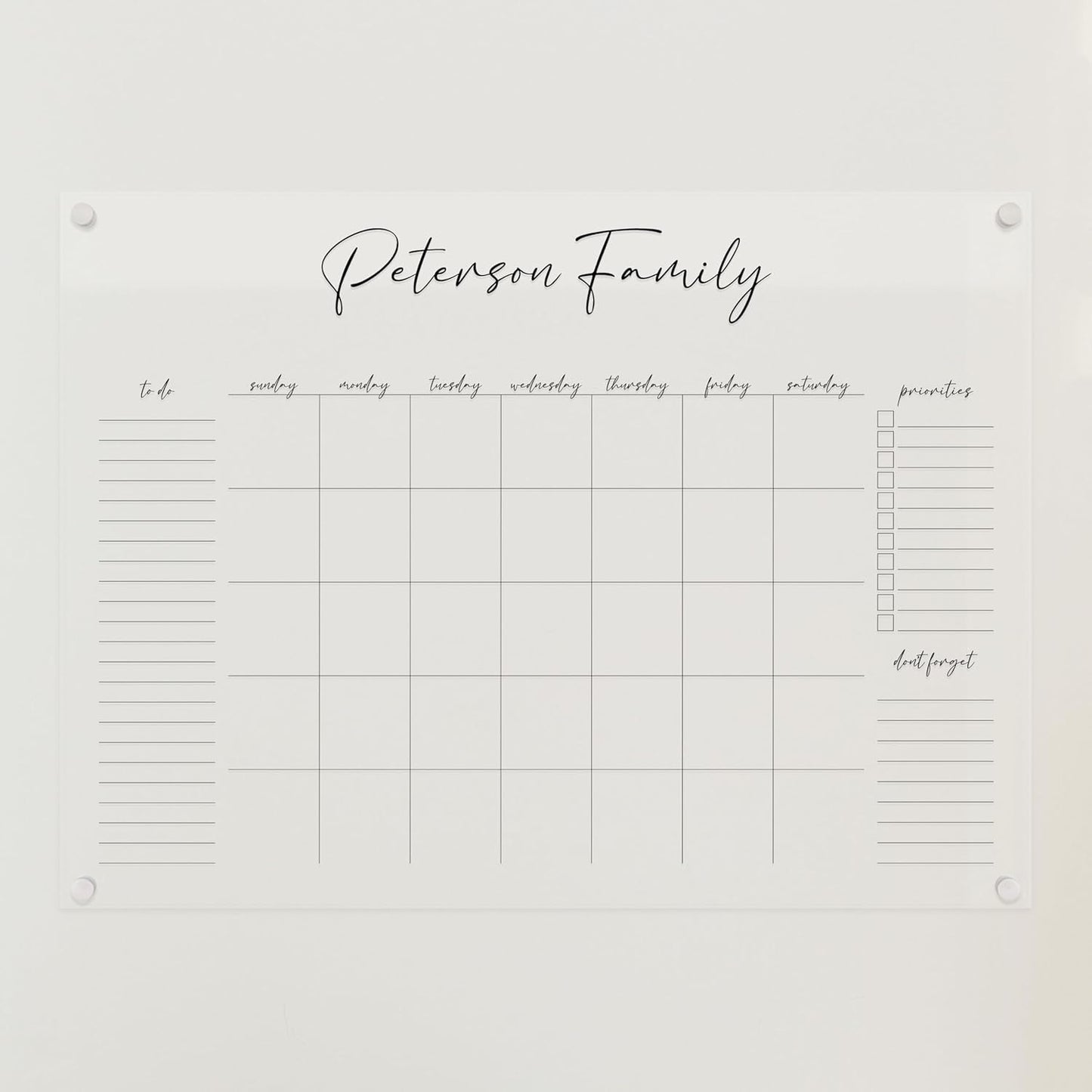 Personalized Clear Acrylic Calendar for Wall, Calendar Whiteboard for Wall, Dry Erase Wall Calendar, Wall Calendar Organizer System for Home (Cursive, Black, 31"W x 23"H)