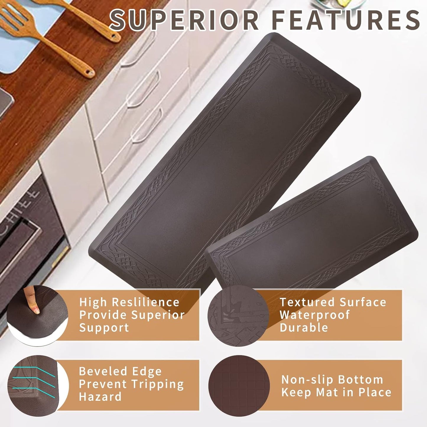 20x 42 Inch Extra Support Anti Fatigue Comfort Kitchen Mat, Waterproof Long Kitchen Runner, Non-Slip Standing Desk Mat, Commercial Pads for Offices, Home, Garages (Bordeaux Coffee, 20'' x 42'')