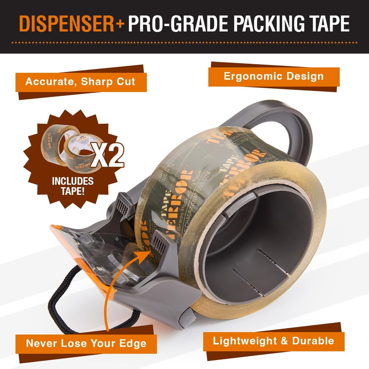 Clear Packing Tape with Dispenser (2 Rolls) - Professional Grade for Boxes - Packaging, Shipping with Refillable Dispenser, Fits Standard Bulk Up to 2" Wide