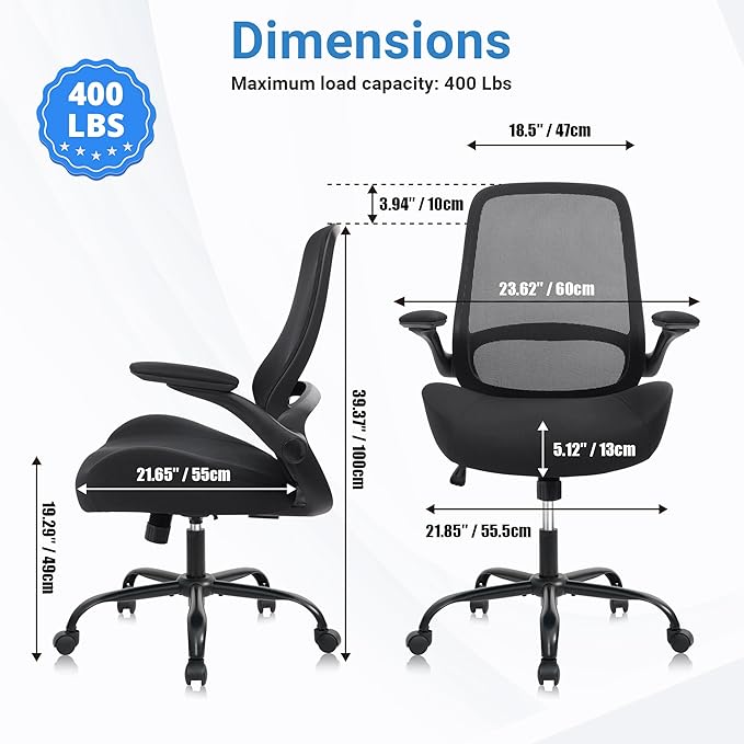 HYLONE Heavy Duty Office Chair, 5" Thickened Seat Ergonomic Desk Chair with Adjustable Armrests, Home Office Computer Chairs for Long Hours Mesh Executive Chair(Black)