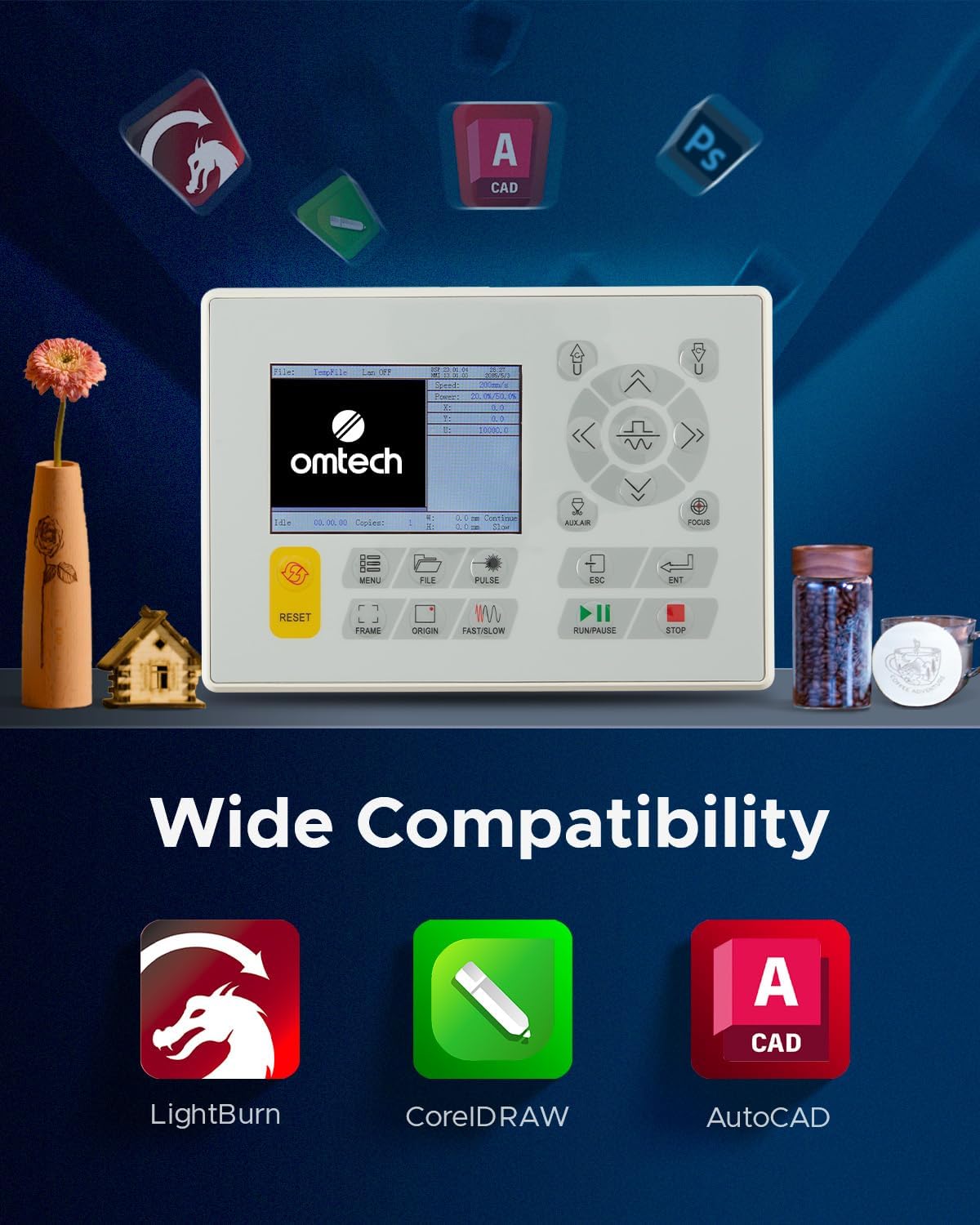 OMTech 90W CO2 Laser Engraver | 20"x28" Work Area | Air Assist & 4-Way Pass-Through | Water Pump | Cuts & Etches Wood, Glass, Acrylic | High-Power, Safe, Efficient Commercial Laser Cutter