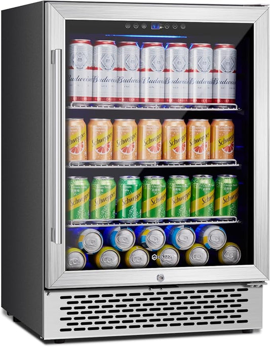 24 Inch Beverage Refrigerator Under Counter, 190 Cans Beverage Fridge Built-in/Freestanding with Double Tempered Glass, 37-64°F Low Noise Drink Fridge Perfect for Kitchen/Bar/Office(4.9 cu.ft)