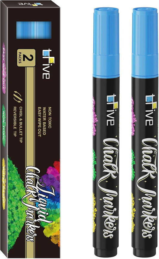 TFIVE Blue Liquid Chalk Markers - 2 Pack Bright Colors Erasable Chalk Marker Pens, Reversible Tip, Non-Toxic, for Chalkboards, Signs, Glass, Easy to use Chalk markers TF800