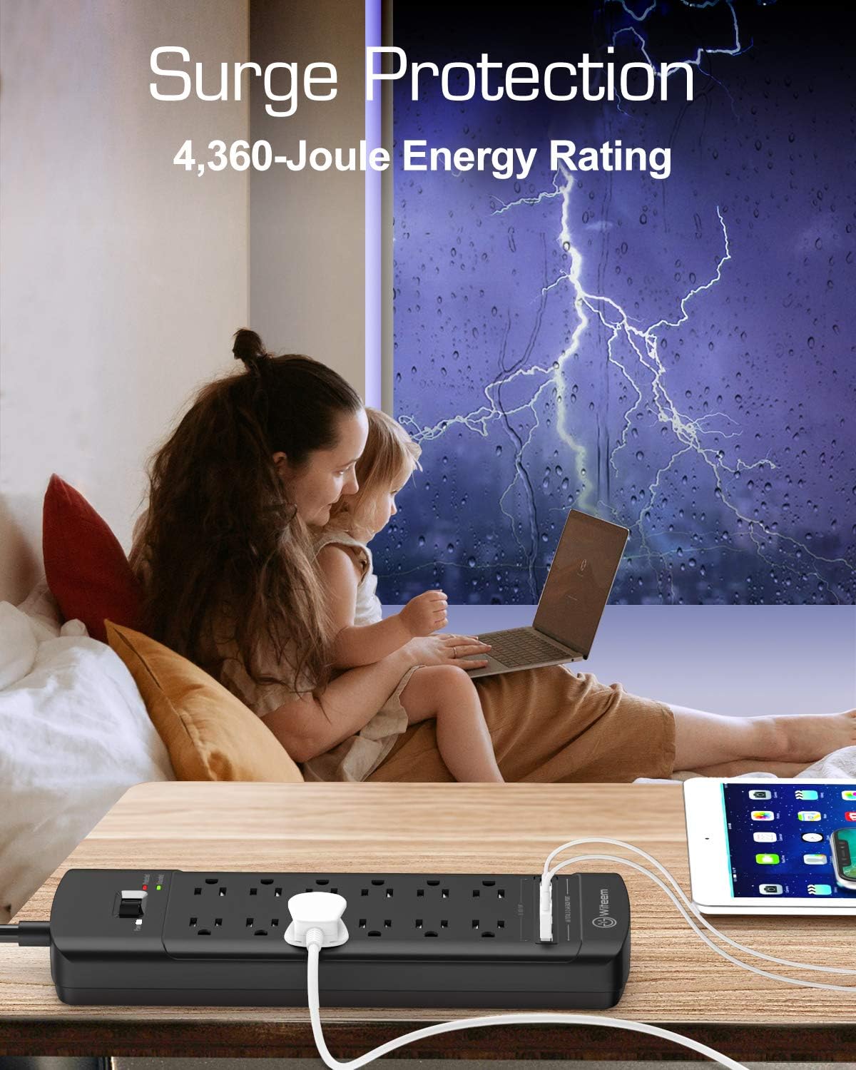Surge Protector Power Strip - 12 Outlets,4 USB 6A Ports, 6Ft Extension Cord, 1875W/15A, 4360Joules, Overload Protection - Ideal for Home & Office Use (Black-USB6A)