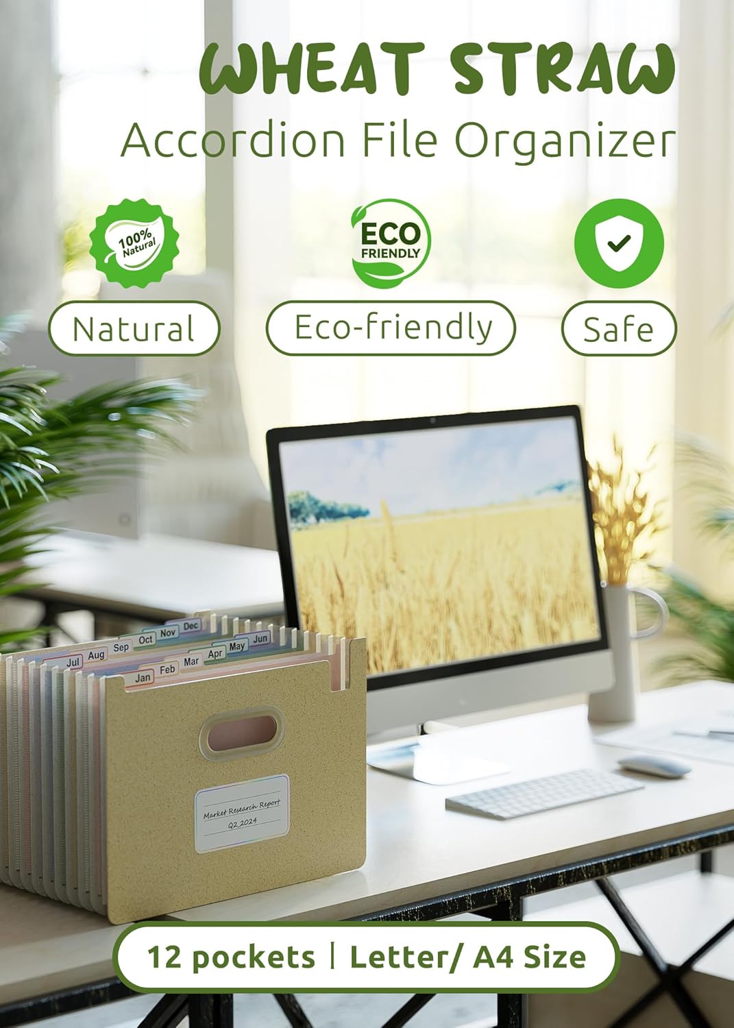 Accordion File Organizer, 12 Pockets Wheat Straw Expanding File Folders, Upright&Open Top, Monthly Bill Receipt Organizer, 100% BPA Free, Return to Nature, Healthy Living, Letter/A4 Size-Wheat Yellow