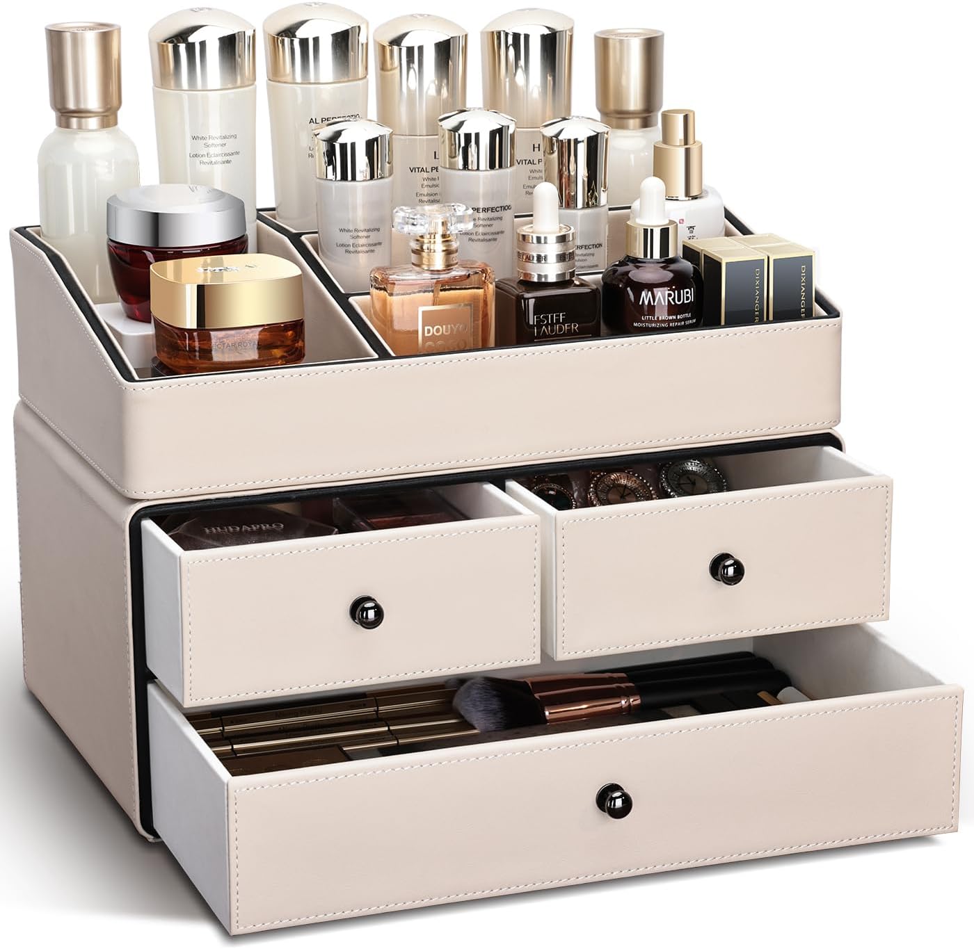 KINGFOM Leather Makeup Organizer with 3 Drawers, 2 Tier Cosmetic Storage Organizer for vanity Dresser Countertop and Bathroom Vanity, Beauty Holder for Lipstick Brush Skincare (Beige)