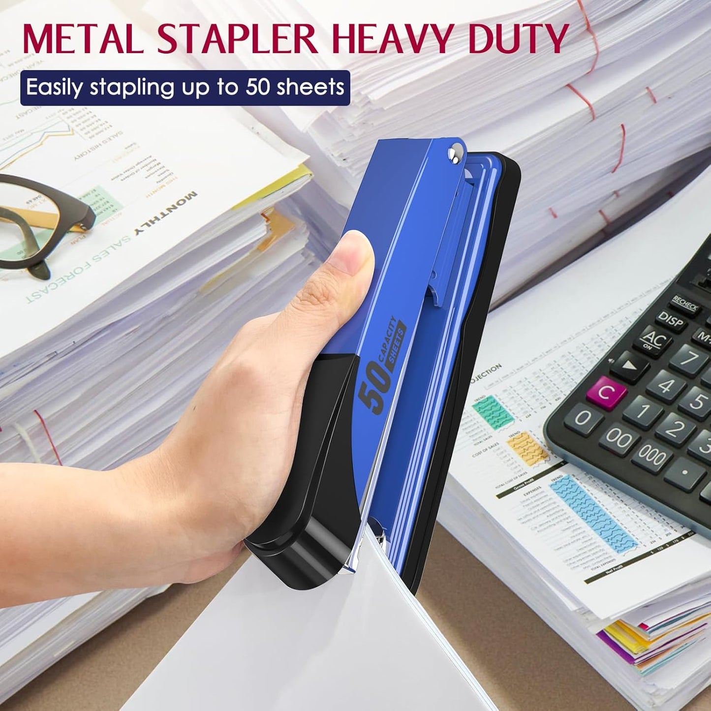Metal Stapler Heavy Duty 50 Sheet Capacity with 1750 Staples and Staple Remover, Full Strip Staplers for Desk, No Jam, Non-Slip for Office & Classroom, Blue