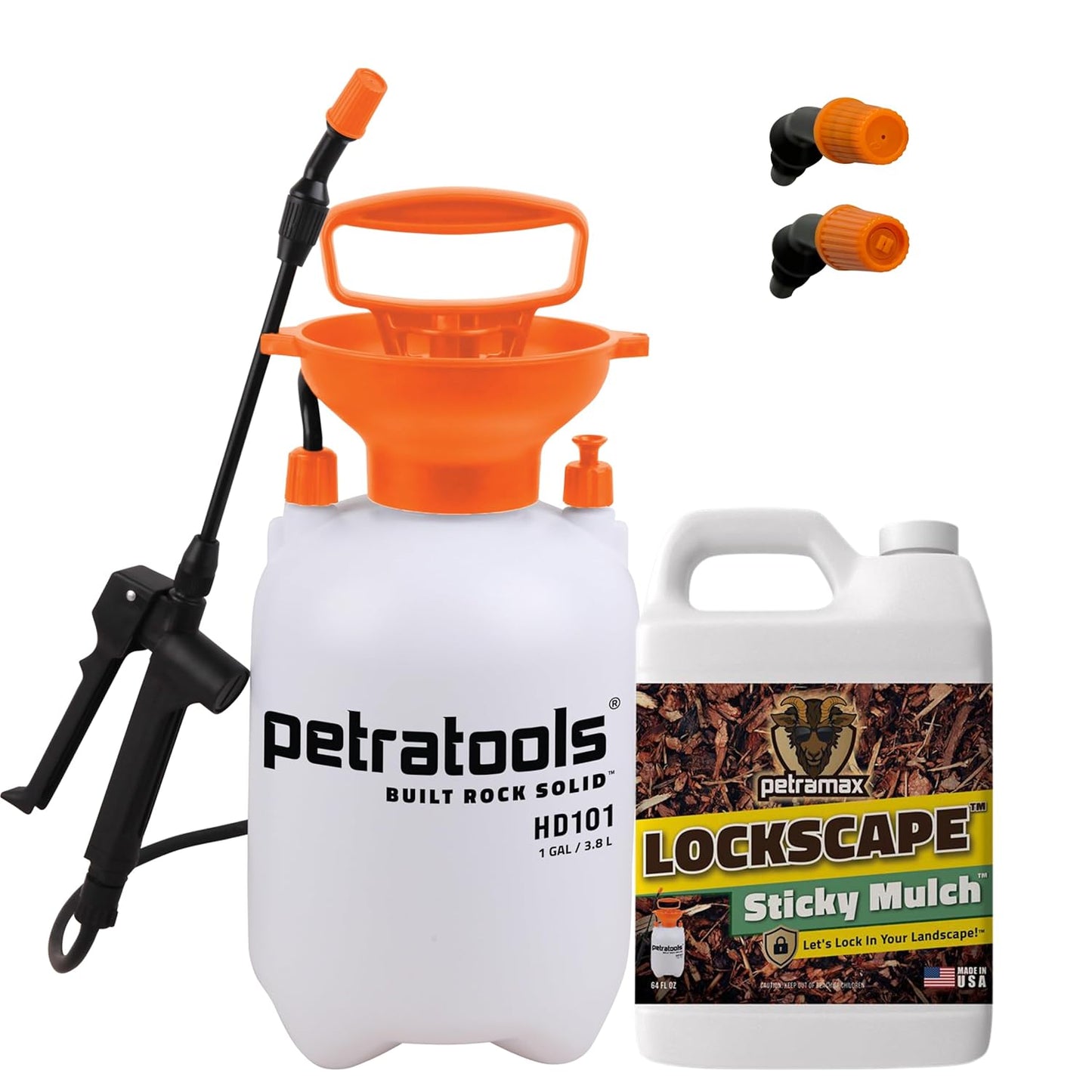 PetraMax Lockscape 64 oz Sticky Mulch Glue for Landscaping Bundle with HD101, 1 Gallon Pump Garden Sprayer for Easy Hold Landscape