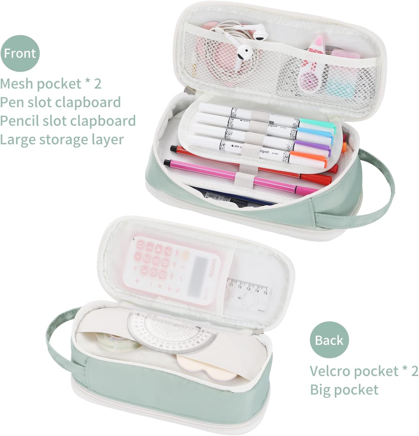 Dugio Big Pencil Case for Girls Teens Kids Zipper Pencil Pouch with Handle Organizer Pencil Bag Aesthetic Pencil Box for School Green