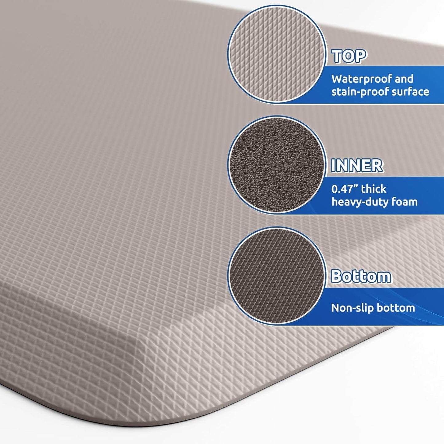 KitchenClouds 2PCS Kitchen Rugs Cushioned Anti-Fatigue Non-Slip Waterproof Kitchen Mat Comfort Foam Standing Mat for Floor Office Sink Laundry (Khaki)