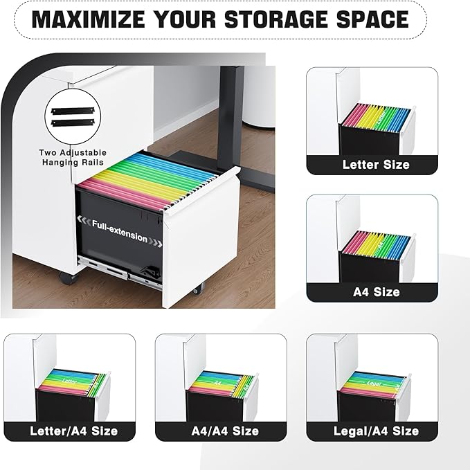 Mobile File Cabinet with Lock Steel Small Rolling 2 Drawer File Cabinet Legal/Letter/A4 Size Under Desk Metal Filing Cabinet for Home Office Vertical Filing Cabinet Printer Stand Assembly Required