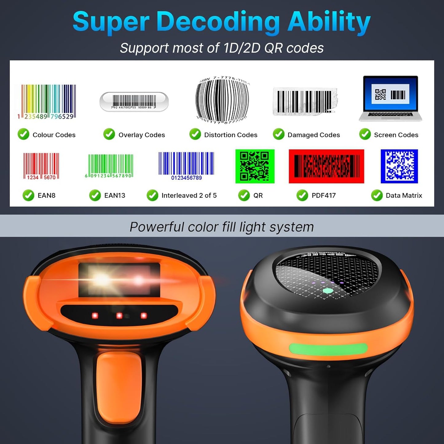 AGPTEK Bluetooth & 2.4GHz Wireless Barcode Scanner with Patented Color Light Technology for Color Barcodes, 2D/1D QR Code Reader, Customizable Settings & Wireless Charging Cradle